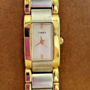 Timex Silver & Gold Women's Watch Rectangular Two Tone Stainless Steel Battery